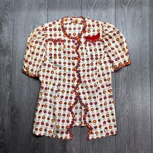 Vintage 1940s Floral Novelty Print Blouse Scalloped Trim Puff Sleeve Cream Red